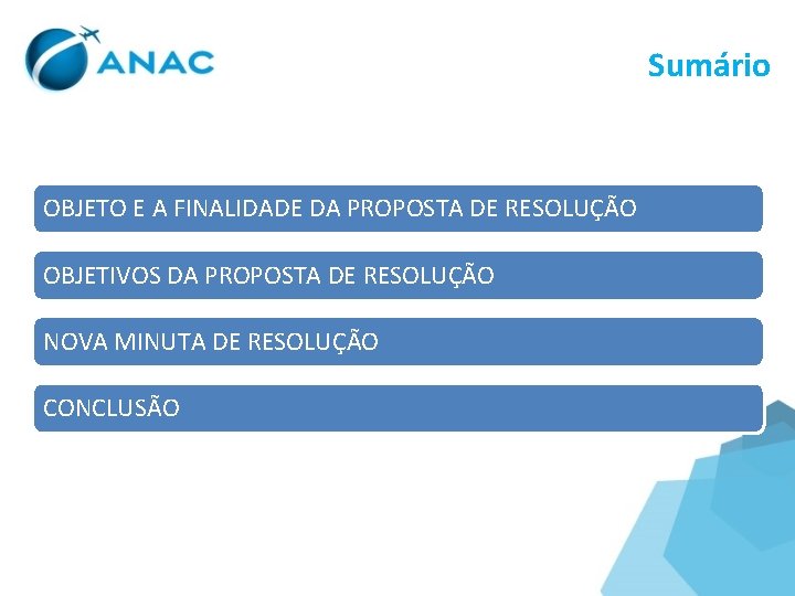 Sumário OBJETO E A FINALIDADE DA PROPOSTA DE RESOLUÇÃO OBJETIVOS DA PROPOSTA DE RESOLUÇÃO