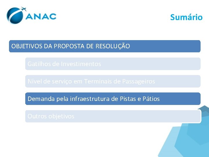 Sumário OBJETIVOS DA PROPOSTA DE RESOLUÇÃO Gatilhos de Investimentos Nível de serviço em Terminais