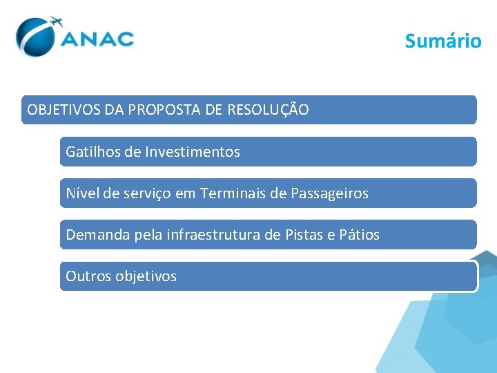 Sumário OBJETIVOS DA PROPOSTA DE RESOLUÇÃO Gatilhos de Investimentos Nível de serviço em Terminais