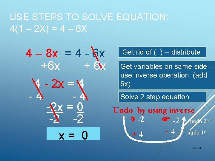 USE STEPS TO SOLVE EQUATION: 4(1 – 2 X) = 4 – 6 X