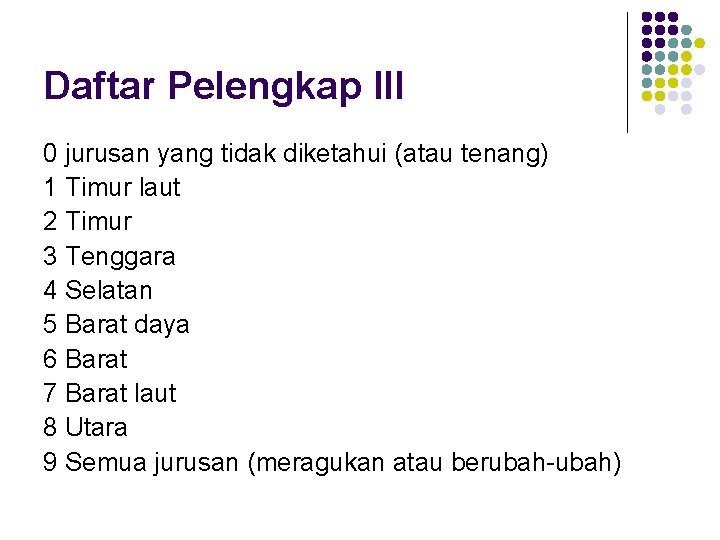 Daftar Pelengkap III 0 jurusan yang tidak diketahui (atau tenang) 1 Timur laut 2