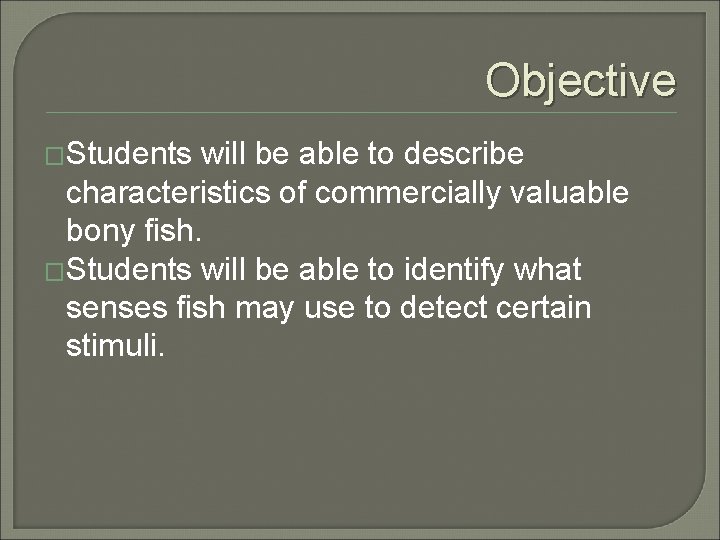 Objective �Students will be able to describe characteristics of commercially valuable bony fish. �Students