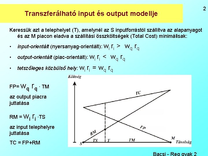 Transzferálható input és output modellje Keressük azt a telephelyet (T), amelynél az S inputforrástól