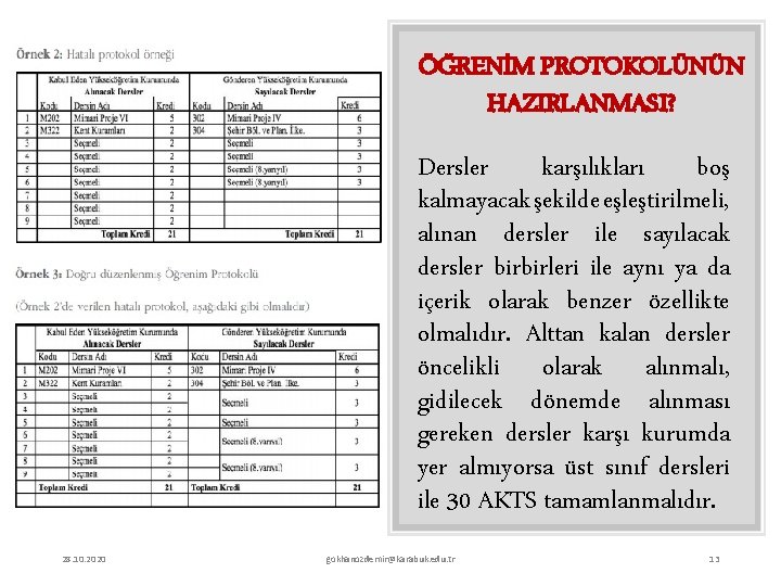 ÖĞRENİM PROTOKOLÜNÜN HAZIRLANMASI? Dersler karşılıkları boş kalmayacak şekilde eşleştirilmeli, alınan dersler ile sayılacak dersler