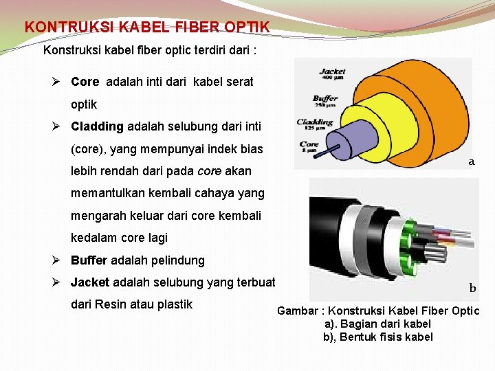 KONTRUKSI KABEL FIBER OPTIK Konstruksi kabel fiber optic terdiri dari : Ø Core adalah