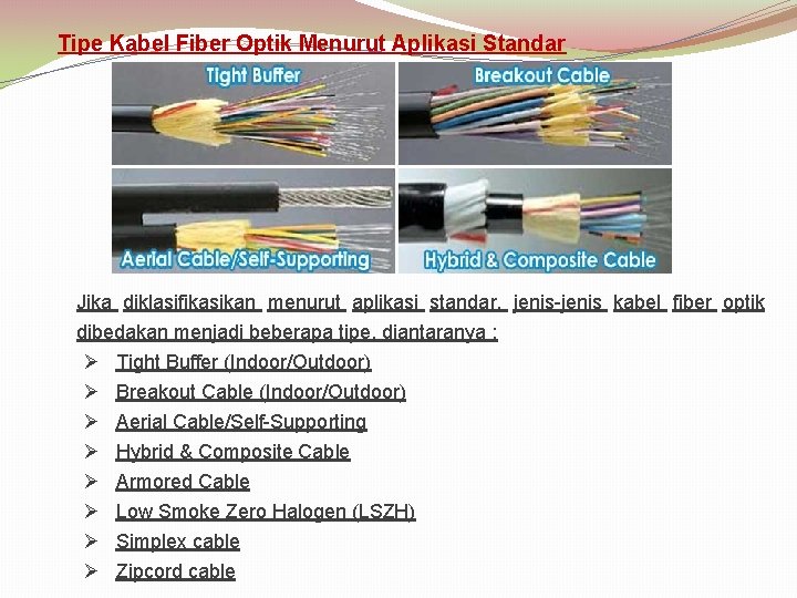 Tipe Kabel Fiber Optik Menurut Aplikasi Standar Jika diklasifikasikan menurut aplikasi standar, jenis-jenis kabel