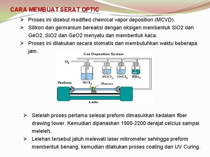 CARA MEMBUAT SERAT OPTIC Ø Proses ini disebut modified chemical vapor deposition (MCVD). Ø
