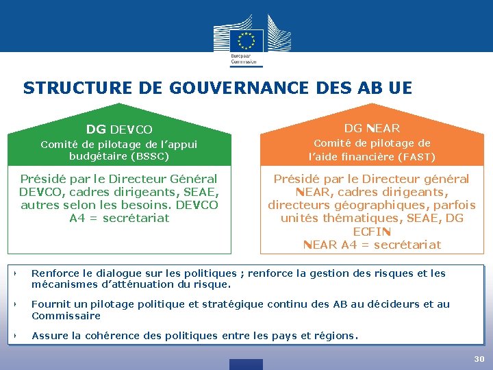 STRUCTURE DE GOUVERNANCE DES AB UE DG DEVCO DG NEAR Comité de pilotage de