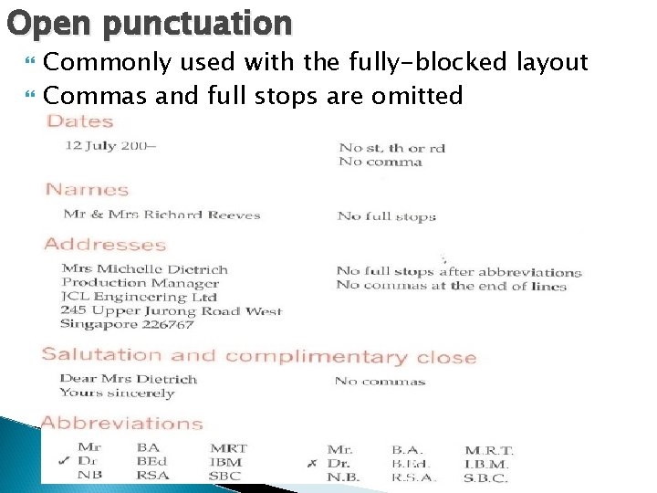 Open punctuation Commonly used with the fully-blocked layout Commas and full stops are omitted