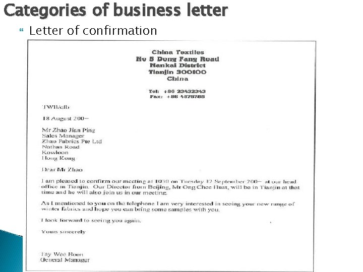 Categories of business letter Letter of confirmation 