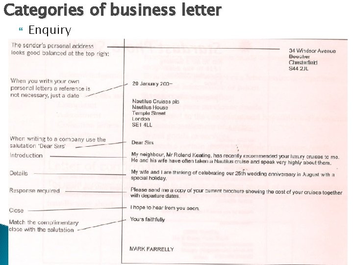 Categories of business letter Enquiry 