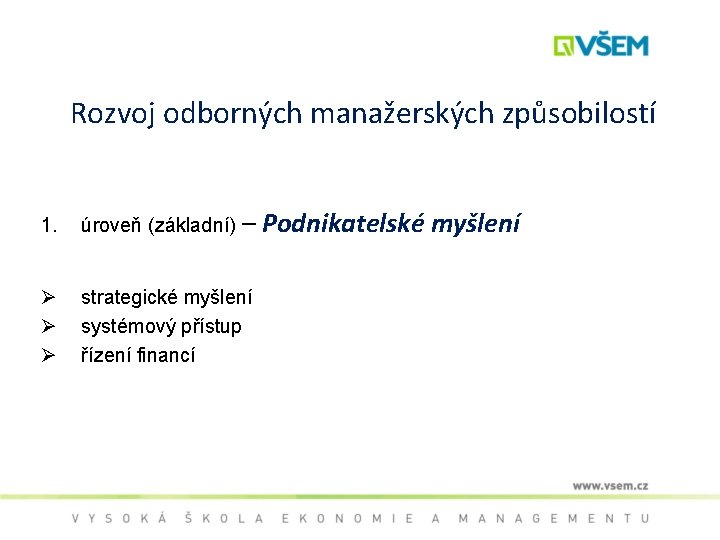 Rozvoj odborných manažerských způsobilostí 1. úroveň (základní) – Ø Ø Ø strategické myšlení systémový