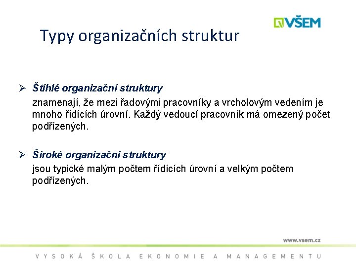 Typy organizačních struktur Ø Štíhlé organizační struktury znamenají, že mezi řadovými pracovníky a vrcholovým