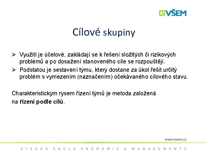 Cílové skupiny Ø Využití je účelové, zakládají se k řešení složitých či rizikových problémů