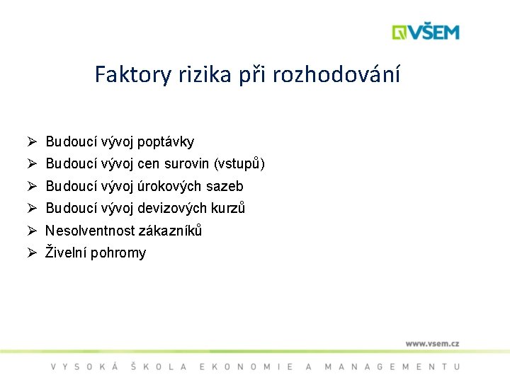 Faktory rizika při rozhodování Ø Budoucí vývoj poptávky Ø Budoucí vývoj cen surovin (vstupů)