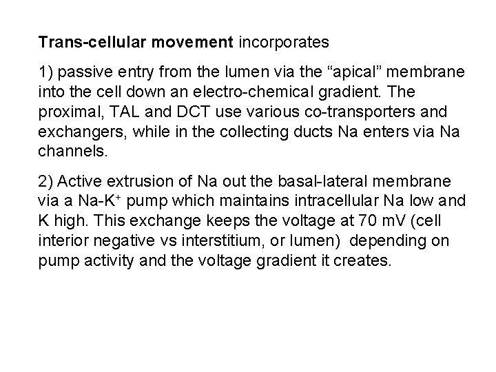 Trans-cellular movement incorporates 1) passive entry from the lumen via the “apical” membrane into