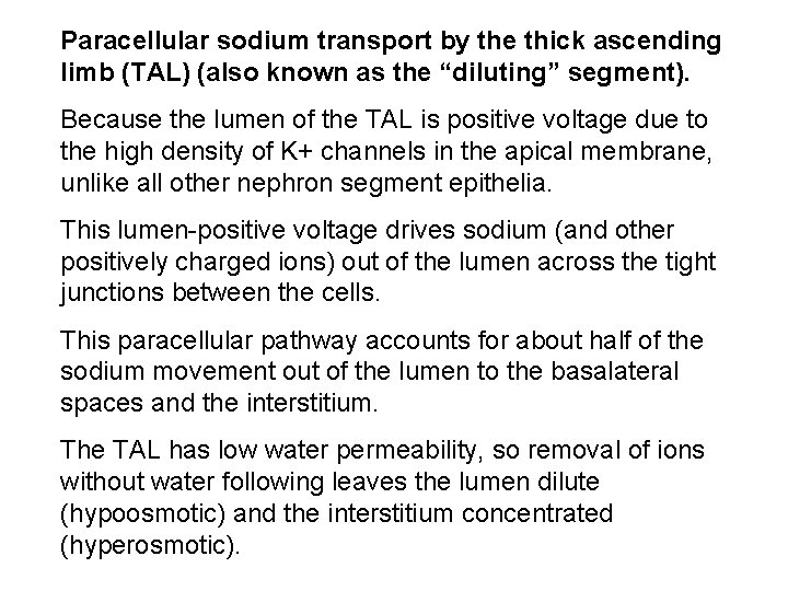 Paracellular sodium transport by the thick ascending limb (TAL) (also known as the “diluting”