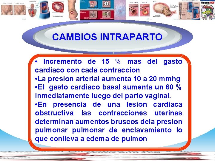 Diagram CAMBIOS INTRAPARTO • incremento de 15 % mas del gasto cardiaco con cada