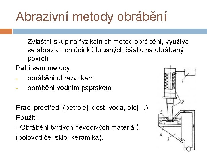 Abrazivní metody obrábění Zvláštní skupina fyzikálních metod obrábění, využívá se abrazivních účinků brusných částic