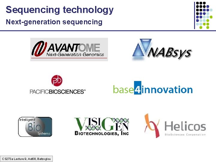 Sequencing technology Next-generation sequencing CS 273 a Lecture 9, Aut 08, Batzoglou 