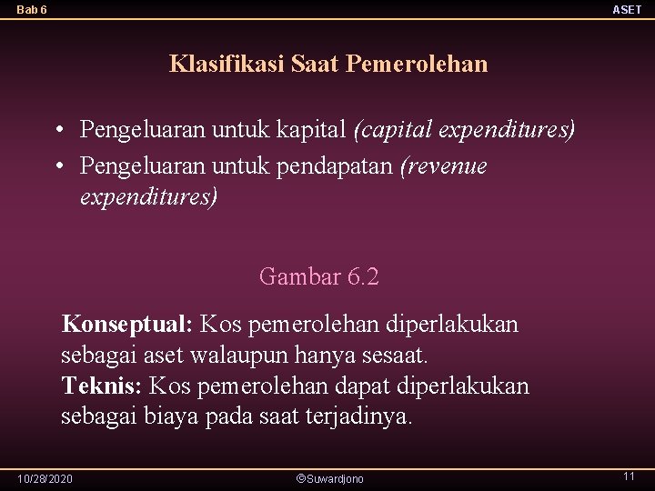 Bab 6 ASET Klasifikasi Saat Pemerolehan • Pengeluaran untuk kapital (capital expenditures) • Pengeluaran