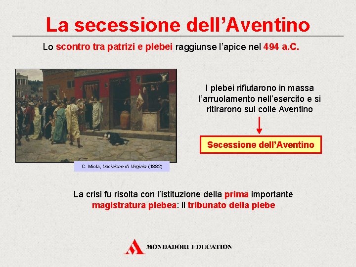 La secessione dell’Aventino Lo scontro tra patrizi e plebei raggiunse l’apice nel 494 a.