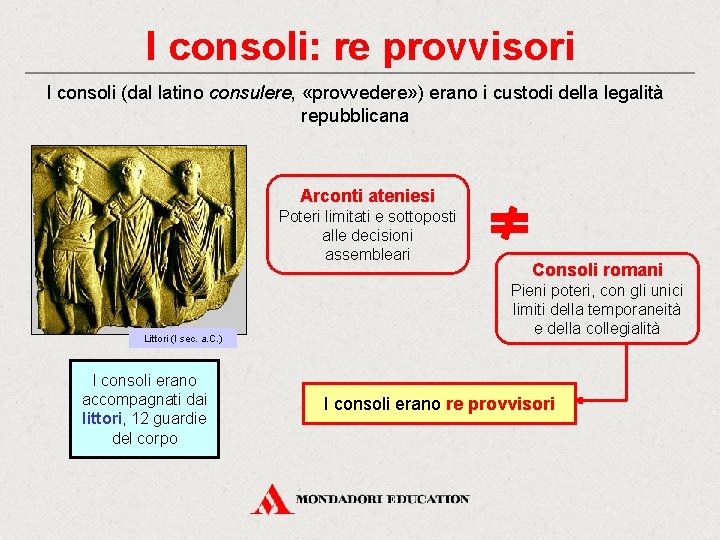 I consoli: re provvisori I consoli (dal latino consulere, «provvedere» ) erano i custodi