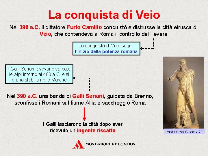 La conquista di Veio Nel 396 a. C. il dittatore Furio Camillo conquistò e