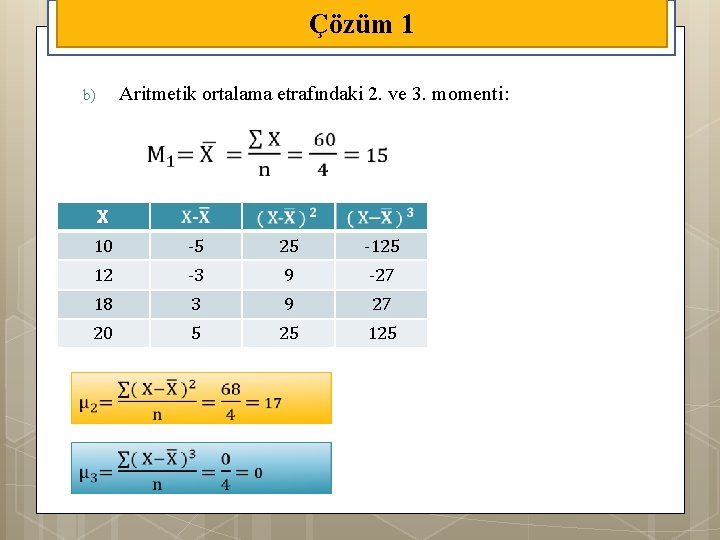 Çözüm 1 Aritmetik ortalama etrafındaki 2. ve 3. momenti: b) X 10 -5 25