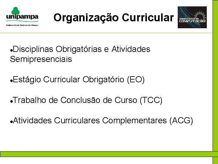 Organização Curricular Disciplinas Obrigatórias e Atividades Semipresenciais Estágio Curricular Obrigatório (EO) Trabalho de Conclusão