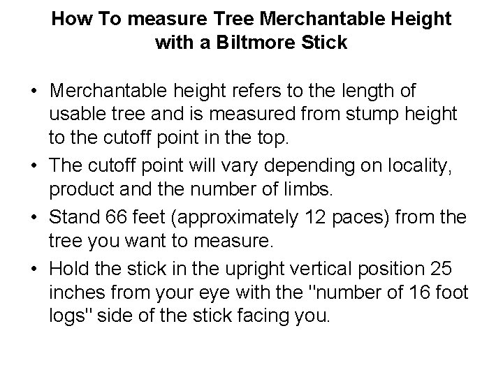 How To measure Tree Merchantable Height with a Biltmore Stick • Merchantable height refers
