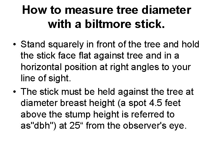 How to measure tree diameter with a biltmore stick. • Stand squarely in front