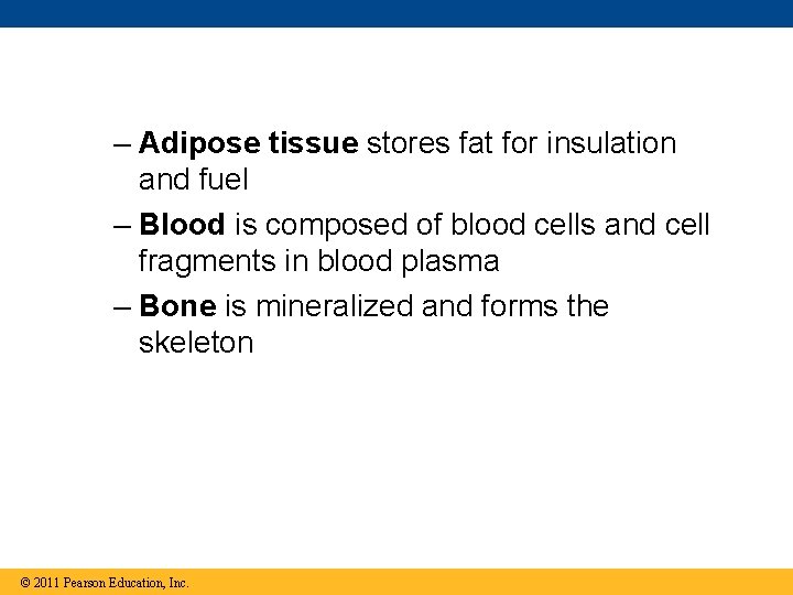 – Adipose tissue stores fat for insulation and fuel – Blood is composed of