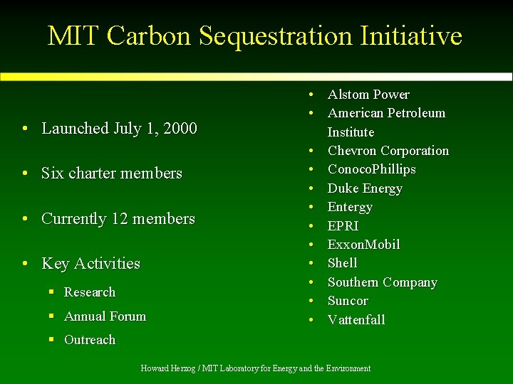 MIT Carbon Sequestration Initiative • Launched July 1, 2000 • Six charter members •