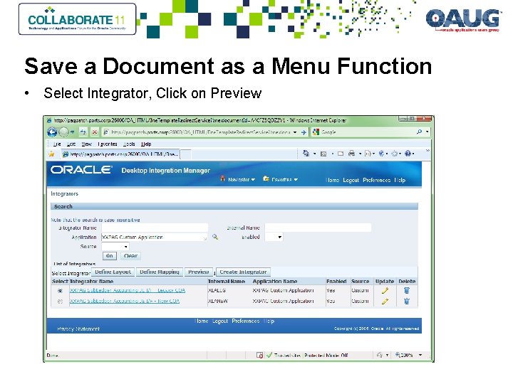 Save a Document as a Menu Function • Select Integrator, Click on Preview 