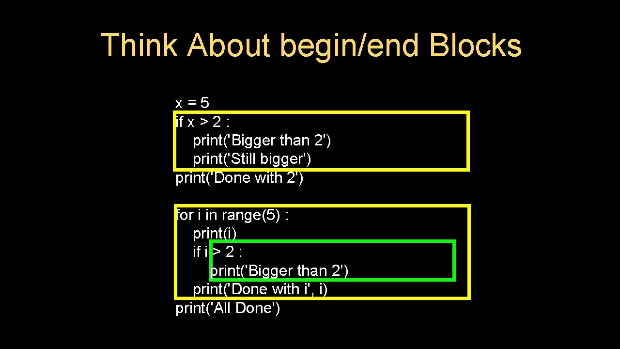 Think About begin/end Blocks x=5 if x > 2 : print('Bigger than 2') print('Still Think About begin/end Blocks x=5 if x > 2 : print('Bigger than 2') print('Still