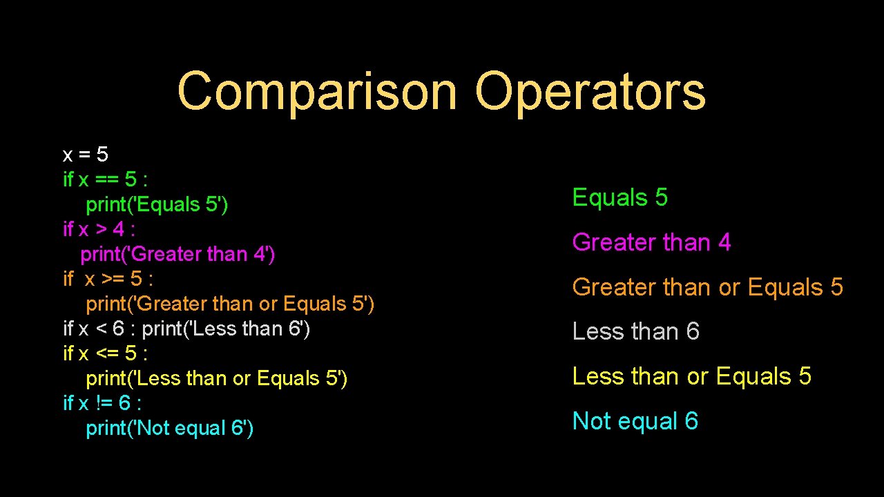 Comparison Operators x=5 if x == 5 : print('Equals 5') if x > 4 Comparison Operators x=5 if x == 5 : print('Equals 5') if x > 4