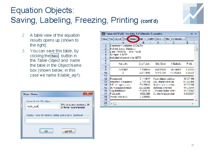 Equation Objects: Saving, Labeling, Freezing, Printing (cont’d) 2. 3. A table view of the