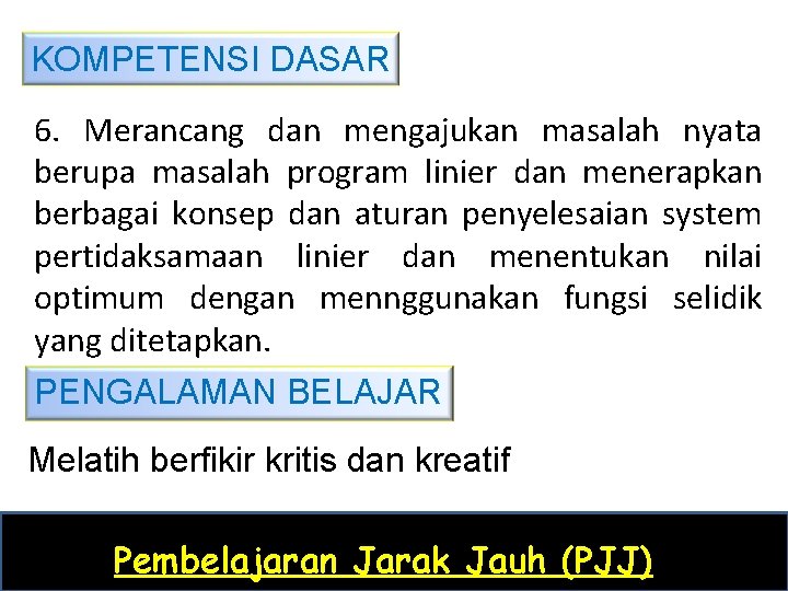 KOMPETENSI DASAR 6. Merancang dan mengajukan masalah nyata berupa masalah program linier dan menerapkan