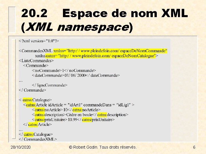 20. 2 Espace de nom XML (XML namespace) 28/10/2020 © Robert Godin. Tous droits