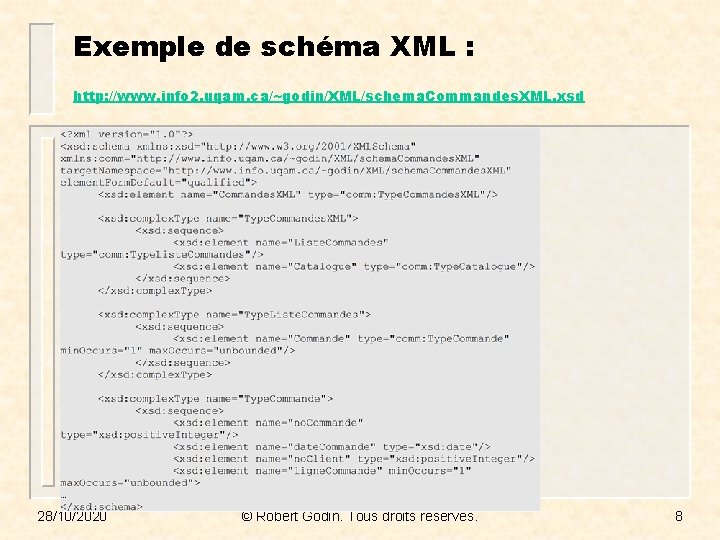 Exemple de schéma XML : http: //www. info 2. uqam. ca/~godin/XML/schema. Commandes. XML. xsd