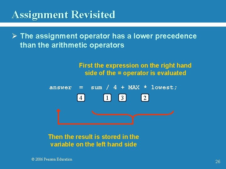 Assignment Revisited Ø The assignment operator has a lower precedence than the arithmetic operators