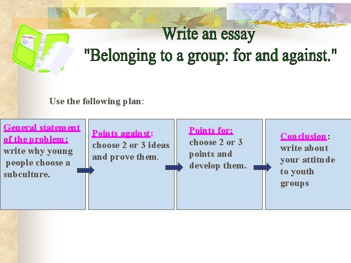 Use the following plan: General statement of the problem: write why young people choose