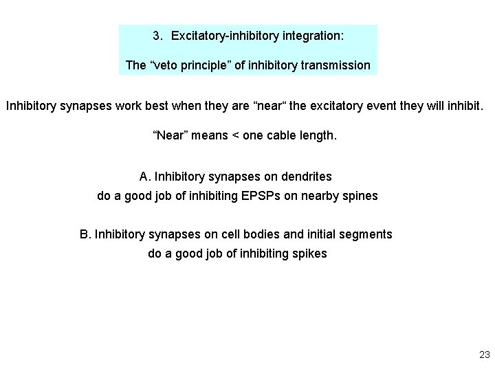 3. Excitatory-inhibitory integration: The “veto principle” of inhibitory transmission Inhibitory synapses work best when