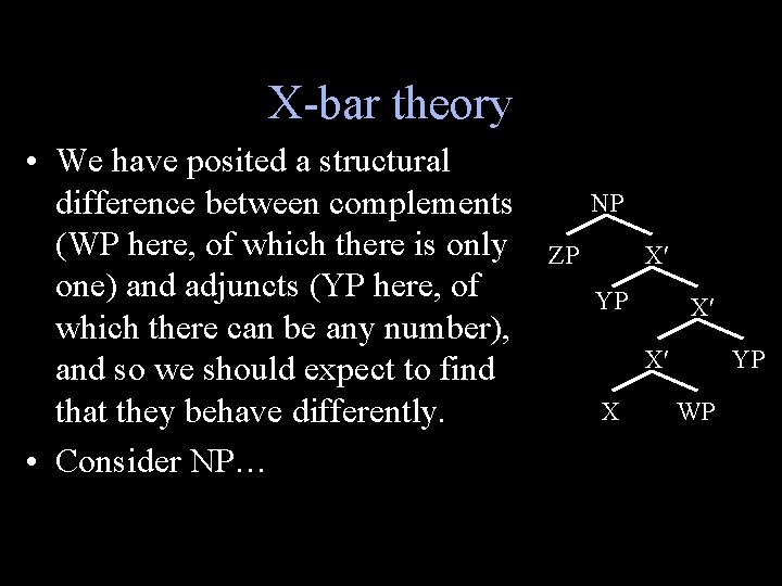 X-bar theory • We have posited a structural difference between complements (WP here, of