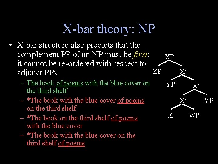 X-bar theory: NP • X-bar structure also predicts that the complement PP of an