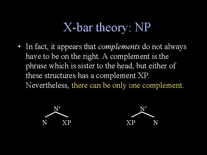 X-bar theory: NP • In fact, it appears that complements do not always have