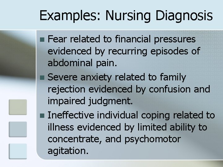 Examples: Nursing Diagnosis Fear related to financial pressures evidenced by recurring episodes of abdominal