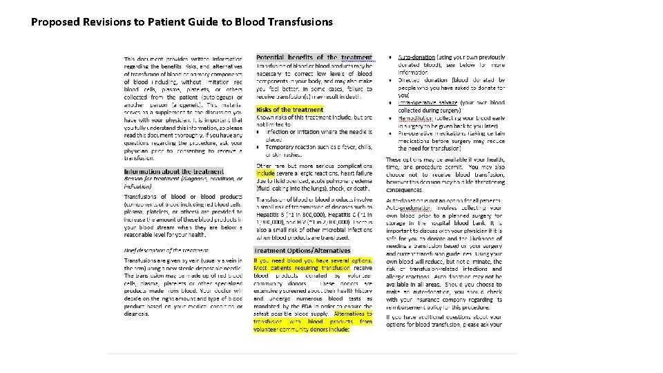 Proposed Revisions to Patient Guide to Blood Transfusions 