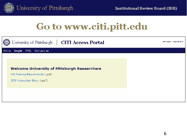 Institutional Review Board (IRB) Go to www. citi. pitt. edu 6 